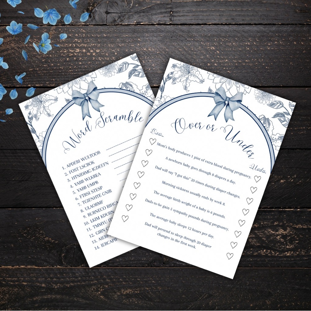 Elegant Blue Floral Baby Shower Game Set - Pack Of 20 - Over or Under - Funny